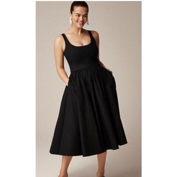 J. Crew Fit-and-flare Black Midi Dress In Cotton Poplin NWT Size 0